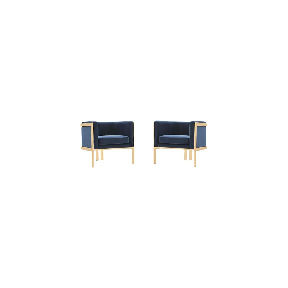 Manhattan Comfort Paramount Velvet Accent Armchair Set of 2, Polished Brass Frame with Geometric Legs, Art Deco Chair, 1920s Glamour, Fully Assembled, Living Room Lounge Seat, Warm Grey