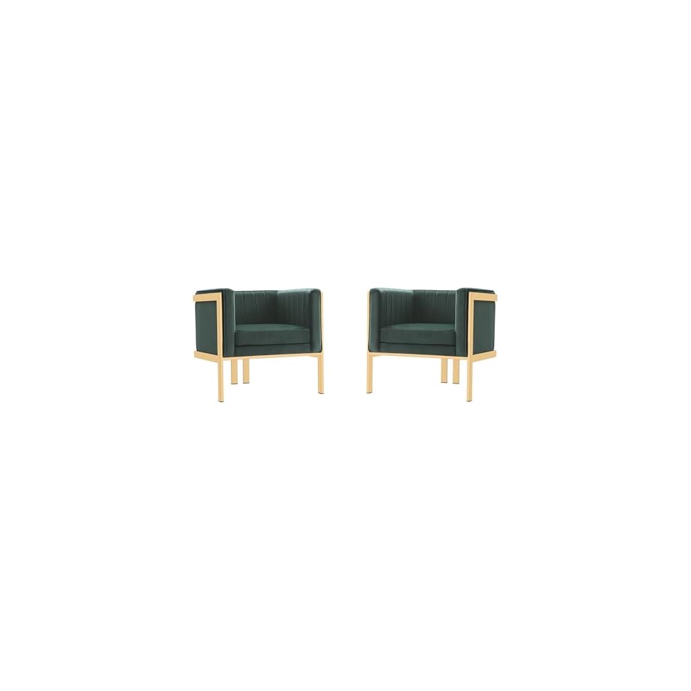 Manhattan Comfort Paramount Velvet Accent Armchair Set of 2, Polished Brass Frame with Geometric Legs, Art Deco Chair, 1920s Glamour, Fully Assembled, Living Room Lounge Seat, Warm Grey