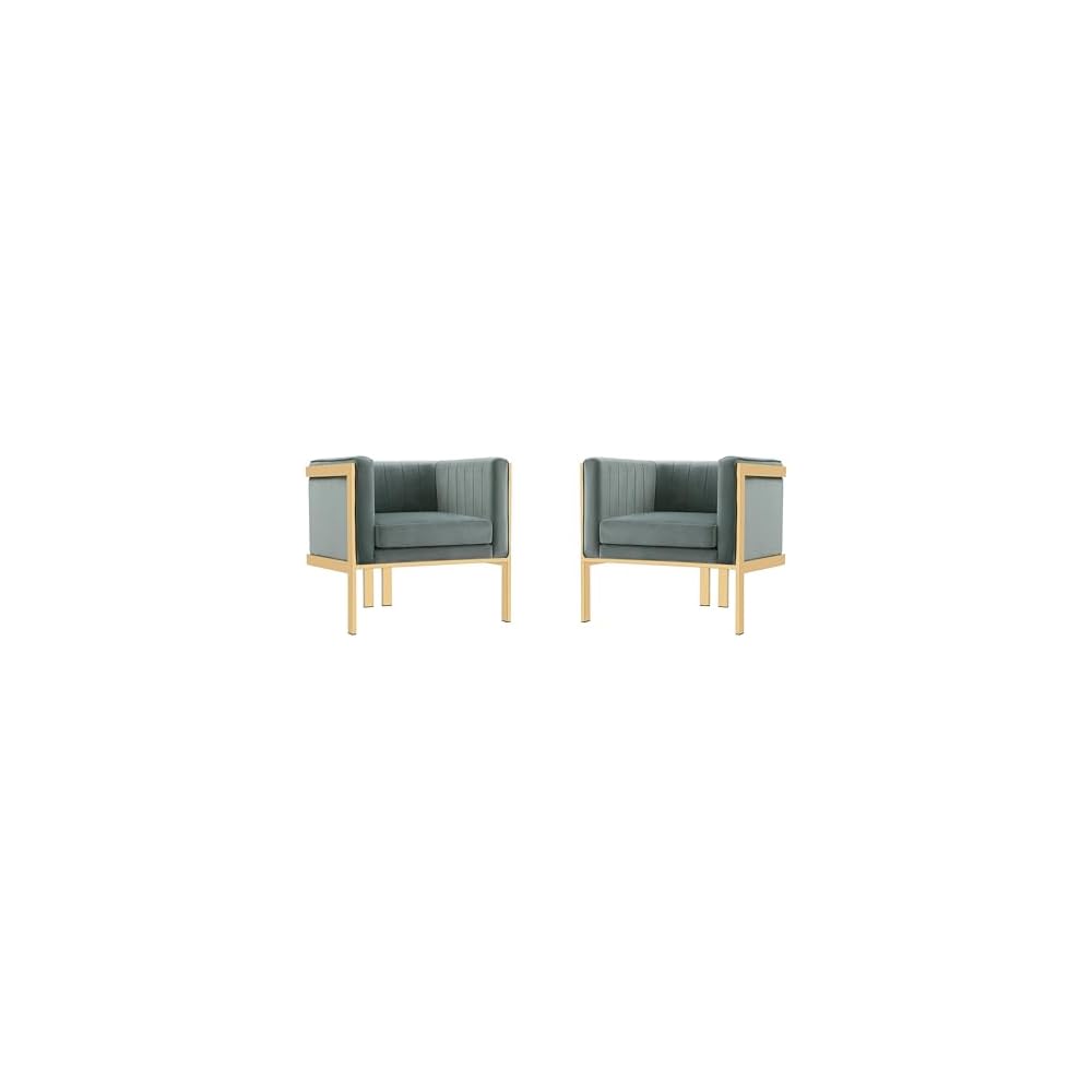 Manhattan Comfort Paramount Velvet Accent Armchair Set of 2, Polished Brass Frame with Geometric Legs, Art Deco Chair, 1920s Glamour, Fully Assembled, Living Room Lounge Seat, Warm Grey
