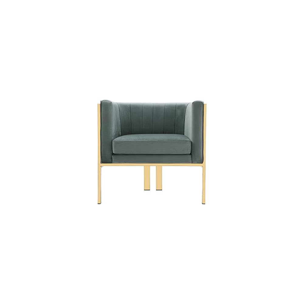 Manhattan Comfort Paramount Velvet Accent Armchair Set of 2, Polished Brass Frame with Geometric Legs, Art Deco Chair, 1920s Glamour, Fully Assembled, Living Room Lounge Seat, Warm Grey