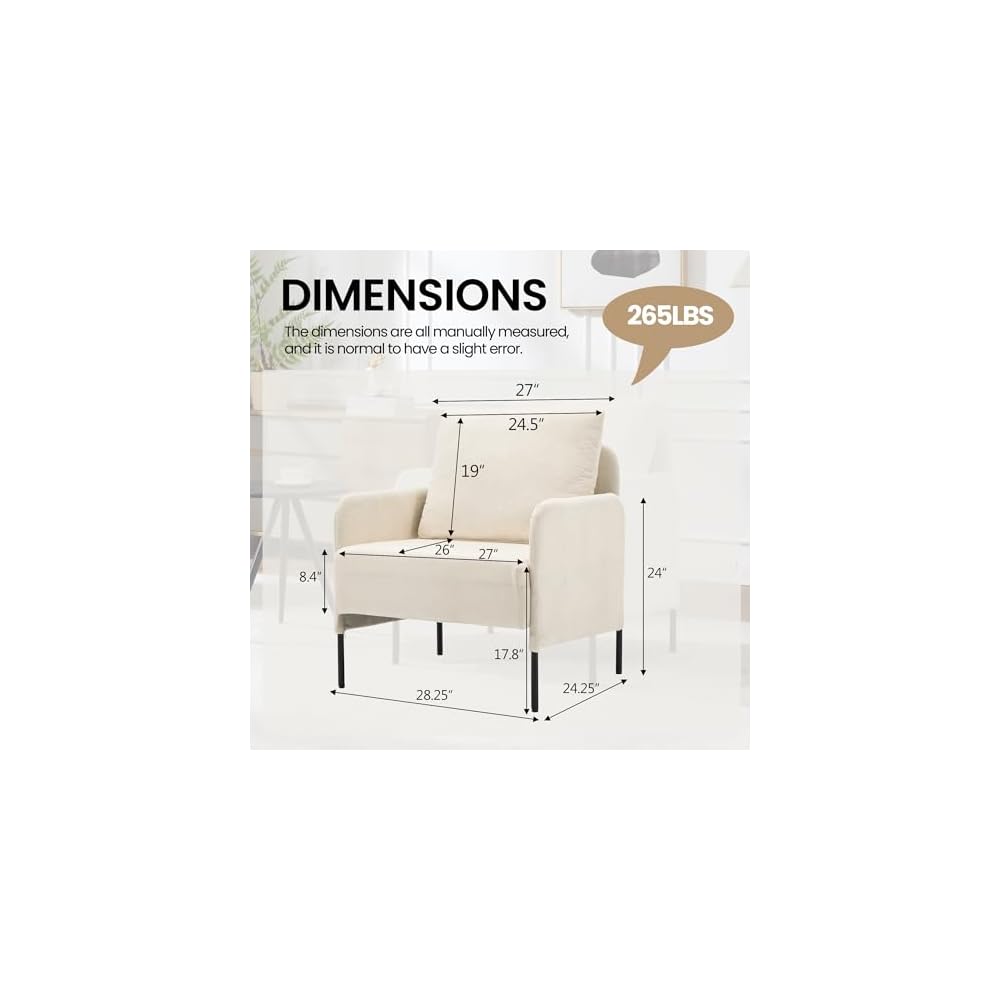 Beige Chenille Single Sofa for Living Room,Deep Seat Sofa with Throw Pillow