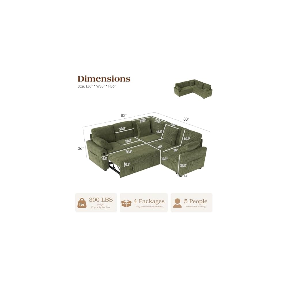 Ihanherry 83-inch 5-Seater Large Sectional Sofa Bed with Storage, Corduroy Reversible Modular Sleeper Sofa with USB Port & 4 Pillows, Convertible L-Shaped Couch for Living Room（Green）