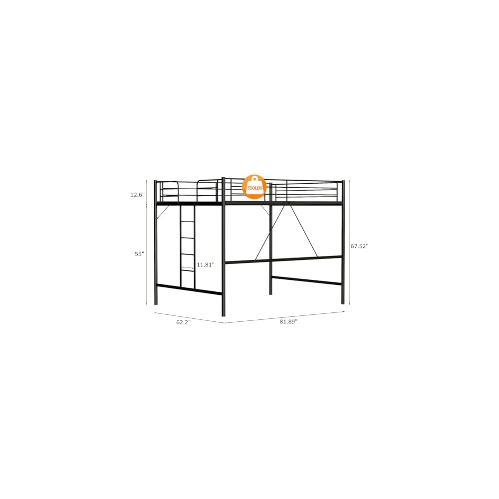 VINGLI Queen Loft Bed with Flat Rungs for Adults, Kids and Young Teens, No Box Spring Required,Heavy Duty Metal Slat Support, Black