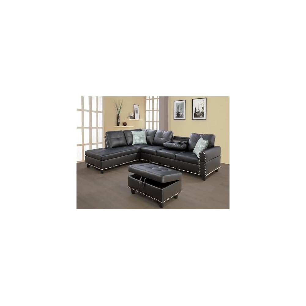 92" 3 Piece L-Shape Sleeper Sofa Convertible Sectional Couch with Storage Chaise and Pull-Out Bed for Living Room,W/Side Open Cup Holder,for Dorm,Apartment,Studio,Office,Dark Gray