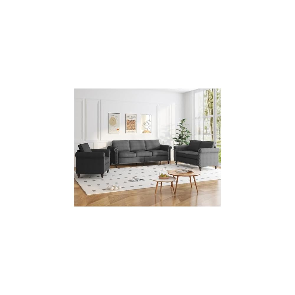 PUREMIND 3 Piece Living Room Sofa Sets Furniture, Sectional Couch and Loveseat and Armchair Set, Modern 3 Seater Sofa + 2 Seater Couch+ Accent Chair Furniture Set for Living Room