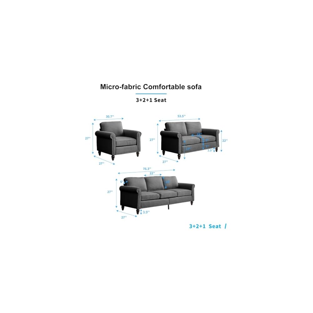 PUREMIND 3 Piece Living Room Sofa Sets Furniture, Sectional Couch and Loveseat and Armchair Set, Modern 3 Seater Sofa + 2 Seater Couch+ Accent Chair Furniture Set for Living Room