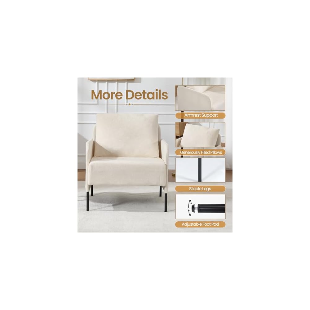 Beige Chenille Single Sofa for Living Room,Deep Seat Sofa with Throw Pillow
