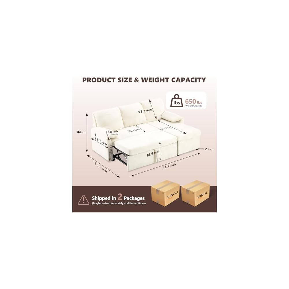 VINGLI Convertible Sofa Bed Couches for Living Room, Sleeper Sofa with Pull Out Couch Bed, Cloud-Like Plush Fleece L-Shape Sectional Couch with Storage Chaise, USB Charging, Side Pockets (Beige)