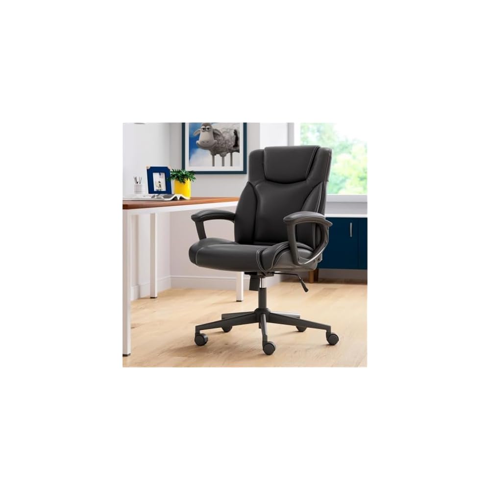 BOWERY HILL Faux Leather Modern Swivel Executive Office Desk Chair, Height Adjustable Upholstered Rolling Chair for Meeting Room, Comfortable Computer Chair for Home Office and Study Room, Black
