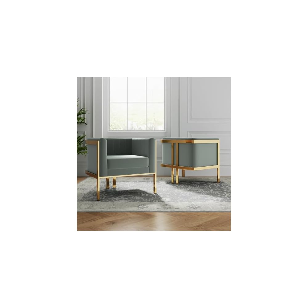 Manhattan Comfort Paramount Velvet Accent Armchair Set of 2, Polished Brass Frame with Geometric Legs, Art Deco Chair, 1920s Glamour, Fully Assembled, Living Room Lounge Seat, Warm Grey
