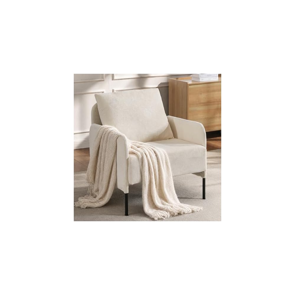 Beige Chenille Single Sofa for Living Room,Deep Seat Sofa with Throw Pillow