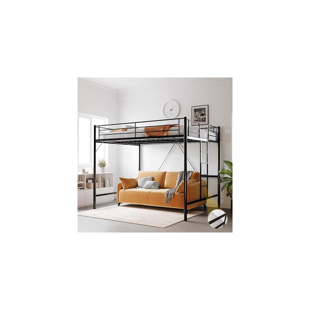 VINGLI Queen Loft Bed with Flat Rungs for Adults, Kids and Young Teens, No Box Spring Required,Heavy Duty Metal Slat Support, Black