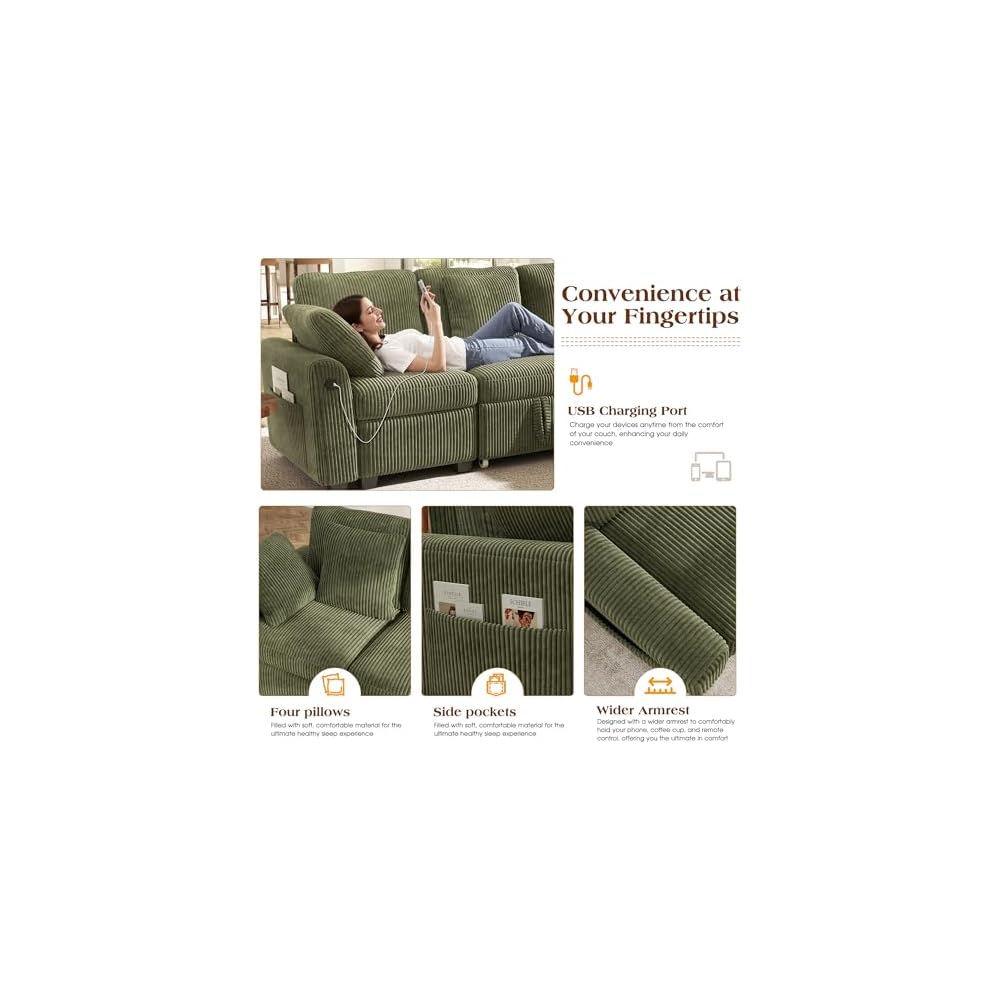 Ihanherry 83-inch 5-Seater Large Sectional Sofa Bed with Storage, Corduroy Reversible Modular Sleeper Sofa with USB Port & 4 Pillows, Convertible L-Shaped Couch for Living Room（Green）