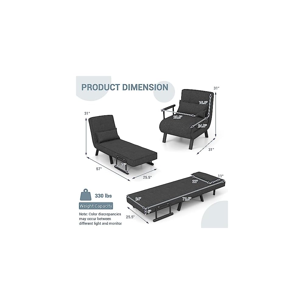 HOMGX 4-in-1 Convertible Sofa Chair Bed, Leisure Recliner Sleeper w/ 6 Adjustable Position Backrest Lounge Seat, Folding Sofa Bed w/High Elastic Sponge, Ideal for Home, Office (Gray)