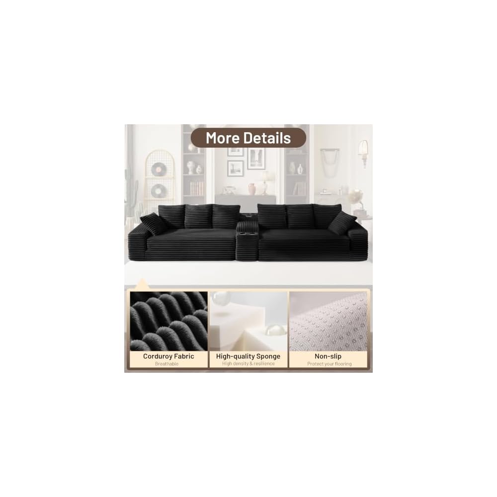 159" Boneless Couch, Corduroy Convertible Modular Floor Sofa Bed, Black