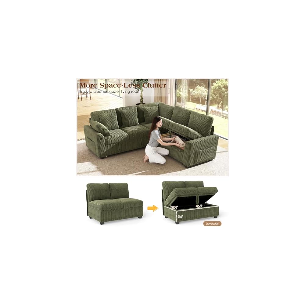 Ihanherry 83-inch 5-Seater Large Sectional Sofa Bed with Storage, Corduroy Reversible Modular Sleeper Sofa with USB Port & 4 Pillows, Convertible L-Shaped Couch for Living Room（Green）