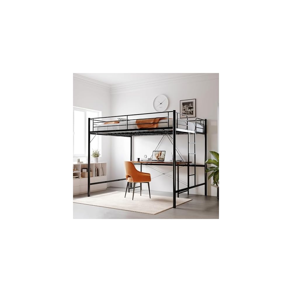 VINGLI Queen Loft Bed with Flat Rungs for Adults, Kids and Young Teens, No Box Spring Required,Heavy Duty Metal Slat Support, Black