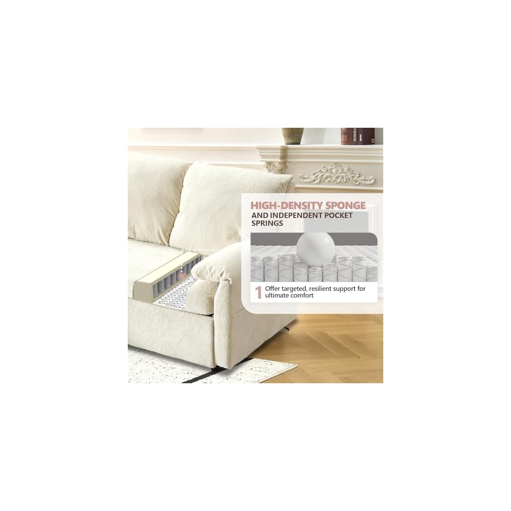 VINGLI Convertible Sofa Bed Couches for Living Room, Sleeper Sofa with Pull Out Couch Bed, Cloud-Like Plush Fleece L-Shape Sectional Couch with Storage Chaise, USB Charging, Side Pockets (Beige)