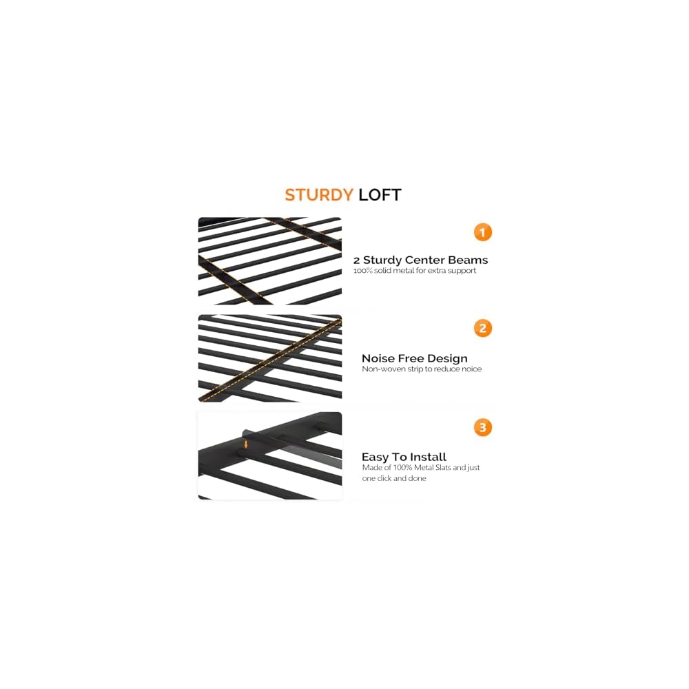 VINGLI Queen Loft Bed with Flat Rungs for Adults, Kids and Young Teens, No Box Spring Required,Heavy Duty Metal Slat Support, Black
