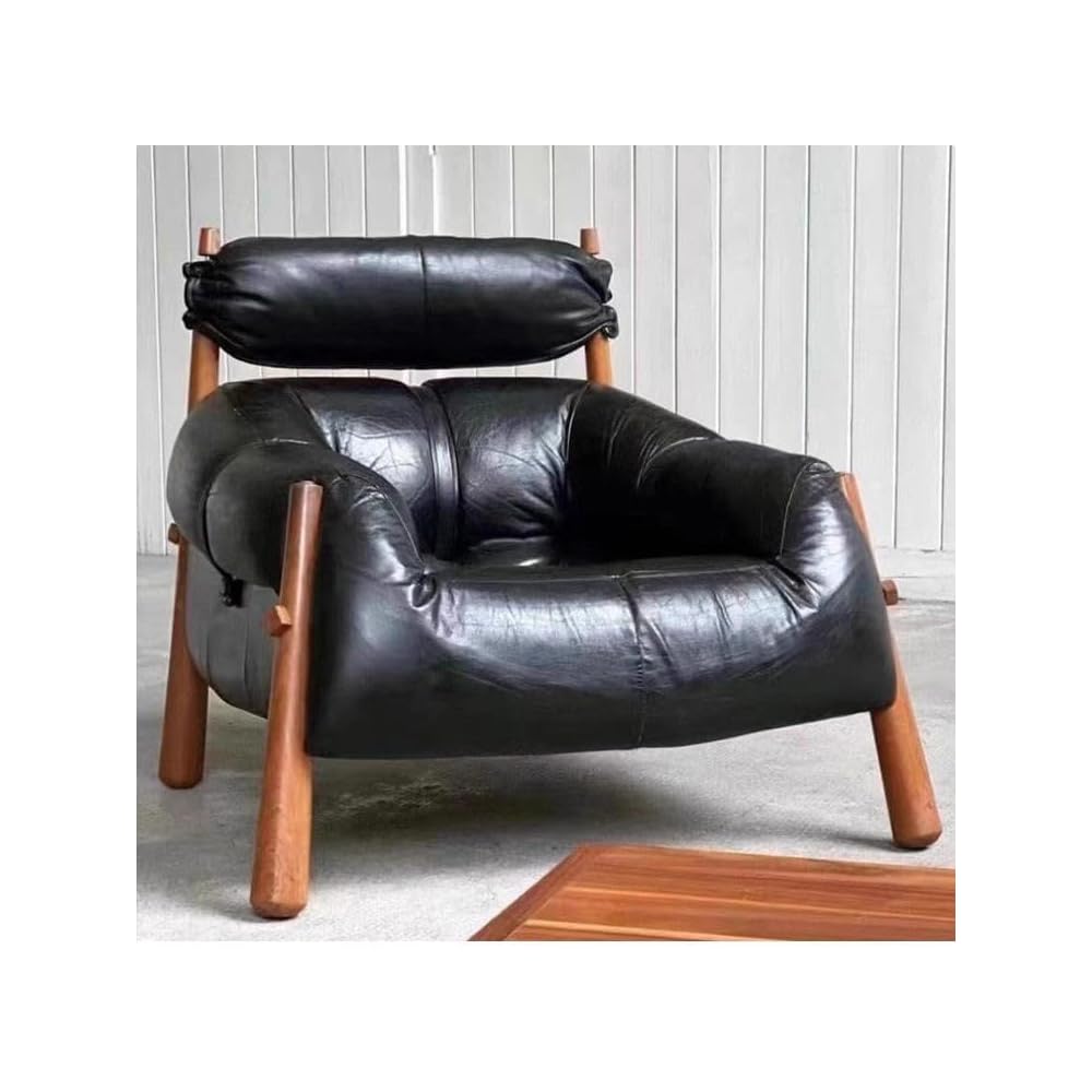 Vintage Leather Accent Lounge Chair with Solid Wood Frame, Mid Century Modern Armchair with Cushioned Backrest, Premium Single Sofa Chair for Living Room, Office & Reading Space (Black)