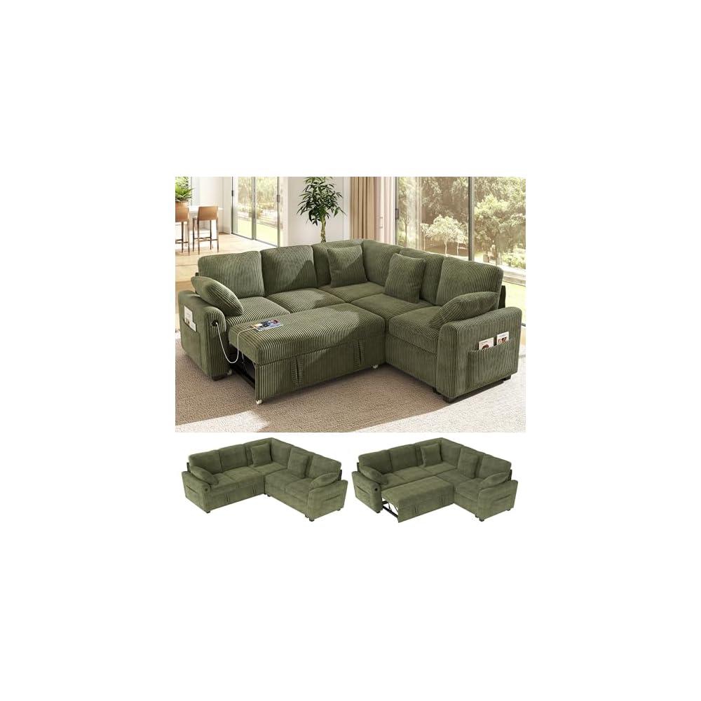 Ihanherry 83-inch 5-Seater Large Sectional Sofa Bed with Storage, Corduroy Reversible Modular Sleeper Sofa with USB Port & 4 Pillows, Convertible L-Shaped Couch for Living Room（Green）