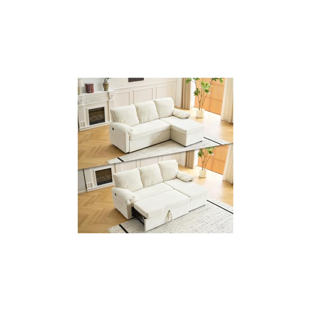 VINGLI Convertible Sofa Bed Couches for Living Room, Sleeper Sofa with Pull Out Couch Bed, Cloud-Like Plush Fleece L-Shape Sectional Couch with Storage Chaise, USB Charging, Side Pockets (Beige)