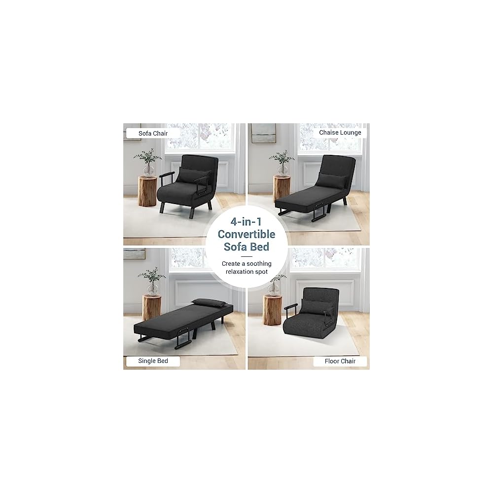 HOMGX 4-in-1 Convertible Sofa Chair Bed, Leisure Recliner Sleeper w/ 6 Adjustable Position Backrest Lounge Seat, Folding Sofa Bed w/High Elastic Sponge, Ideal for Home, Office (Gray)