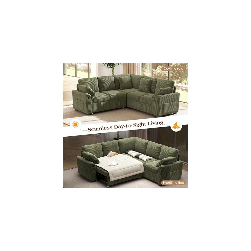 Ihanherry 83-inch 5-Seater Large Sectional Sofa Bed with Storage, Corduroy Reversible Modular Sleeper Sofa with USB Port & 4 Pillows, Convertible L-Shaped Couch for Living Room（Green）