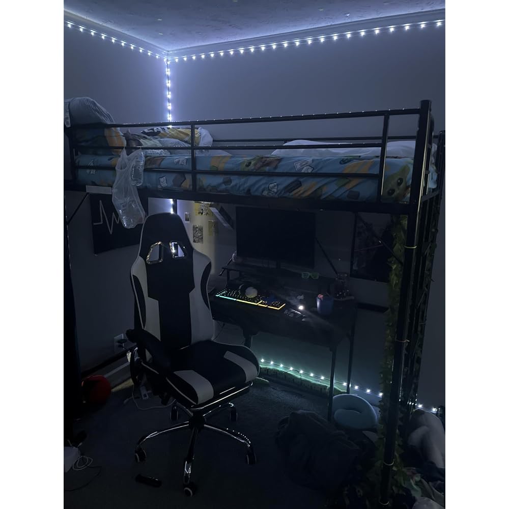 VINGLI Queen Loft Bed with Flat Rungs for Adults, Kids and Young Teens, No Box Spring Required,Heavy Duty Metal Slat Support, Black
