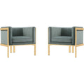 Manhattan Comfort Paramount Velvet Accent Armchair Set of 2, Polished Brass Frame with Geometric Legs, Art Deco Chair, 1920s Glamour, Fully Assembled, Living Room Lounge Seat, Warm Grey