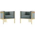 Manhattan Comfort Paramount Velvet Accent Armchair Set of 2, Polished Brass Frame with Geometric Legs, Art Deco Chair, 1920s Glamour, Fully Assembled, Living Room Lounge Seat, Warm Grey