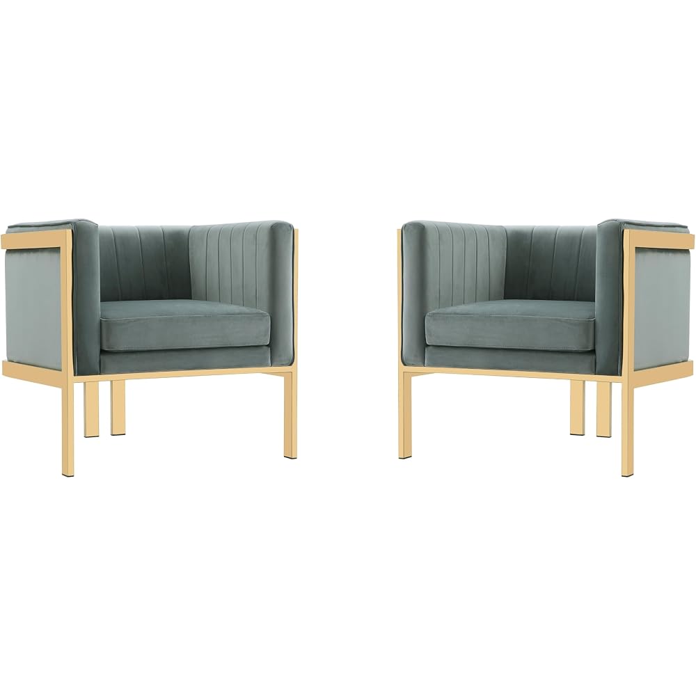 Manhattan Comfort Paramount Velvet Accent Armchair Set of 2, Polished Brass Frame with Geometric Legs, Art Deco Chair, 1920s Glamour, Fully Assembled, Living Room Lounge Seat, Warm Grey