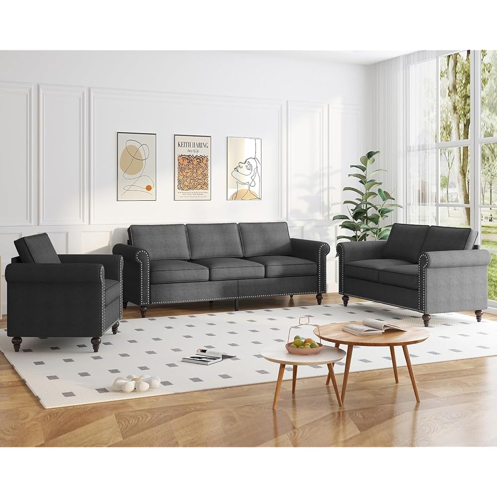 PUREMIND 3 Piece Living Room Sofa Sets Furniture, Sectional Couch and Loveseat and Armchair Set, Modern 3 Seater Sofa + 2 Seater Couch+ Accent Chair Furniture Set for Living Room