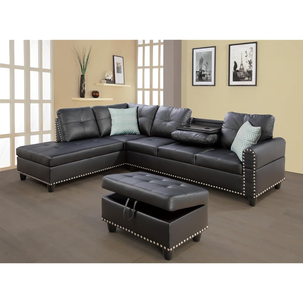 92" 3 Piece L-Shape Sleeper Sofa Convertible Sectional Couch with Storage Chaise and Pull-Out Bed for Living Room,W/Side Open Cup Holder,for Dorm,Apartment,Studio,Office,Dark Gray