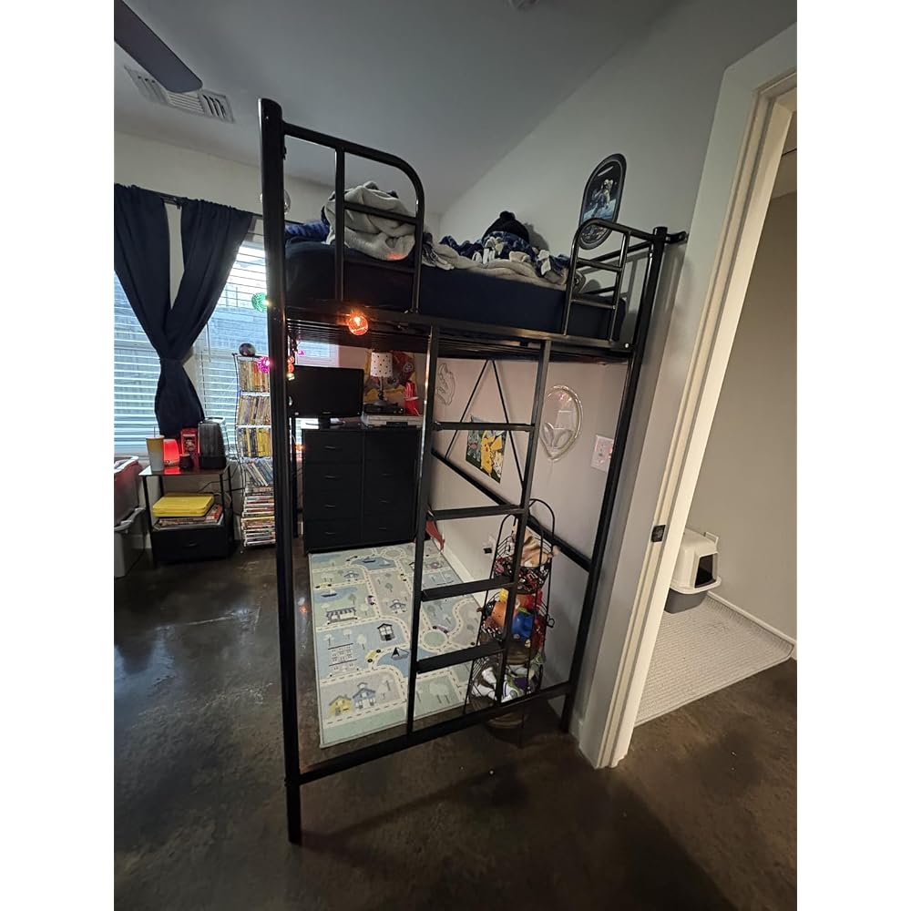 VINGLI Queen Loft Bed with Flat Rungs for Adults, Kids and Young Teens, No Box Spring Required,Heavy Duty Metal Slat Support, Black