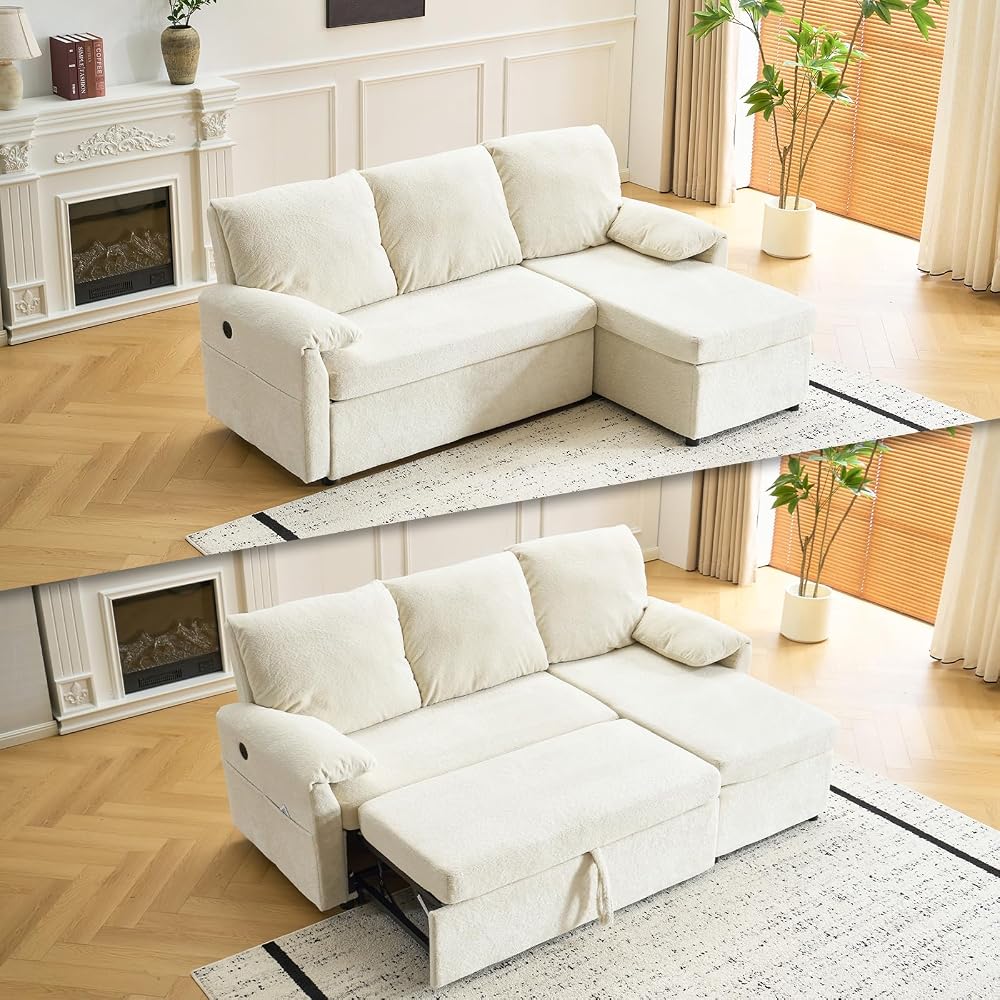VINGLI Convertible Sofa Bed Couches for Living Room, Sleeper Sofa with Pull Out Couch Bed, Cloud-Like Plush Fleece L-Shape Sectional Couch with Storage Chaise, USB Charging, Side Pockets (Beige)