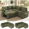 Ihanherry 83-inch 5-Seater Large Sectional Sofa Bed with Storage, Corduroy Reversible Modular Sleeper Sofa with USB Port & 4 Pillows, Convertible L-Shaped Couch for Living Room（Green）