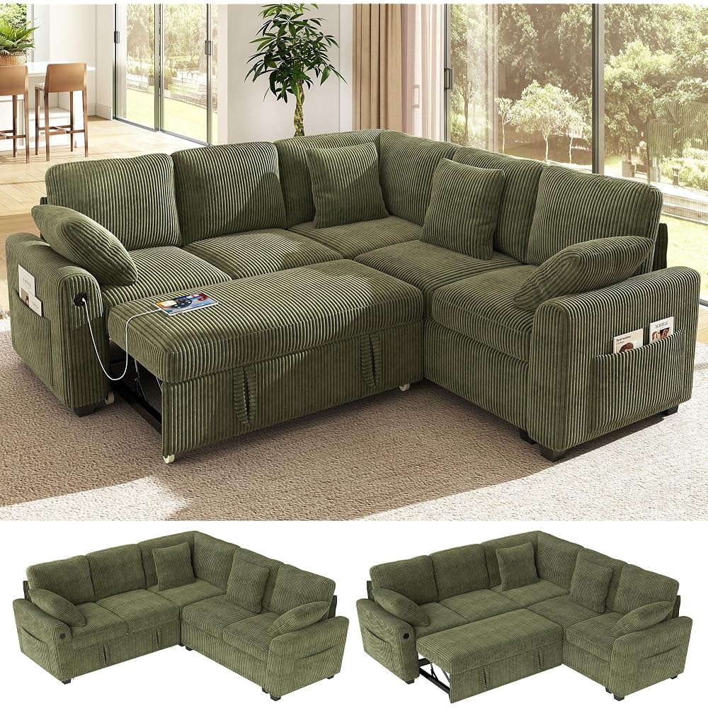 Ihanherry 83-inch 5-Seater Large Sectional Sofa Bed with Storage, Corduroy Reversible Modular Sleeper Sofa with USB Port & 4 Pillows, Convertible L-Shaped Couch for Living Room（Green）